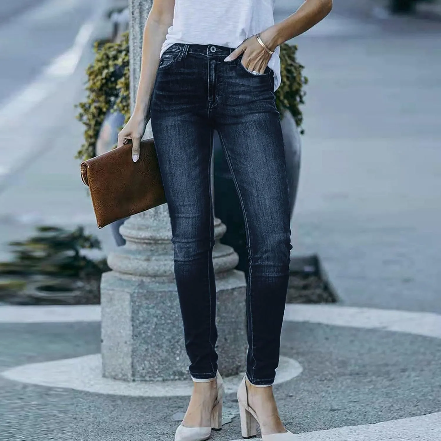 High Waisted Jeans for Women Classic Stretch Butt Lifting Pencil Pants Solid Color Pull On Jeggings Jeans