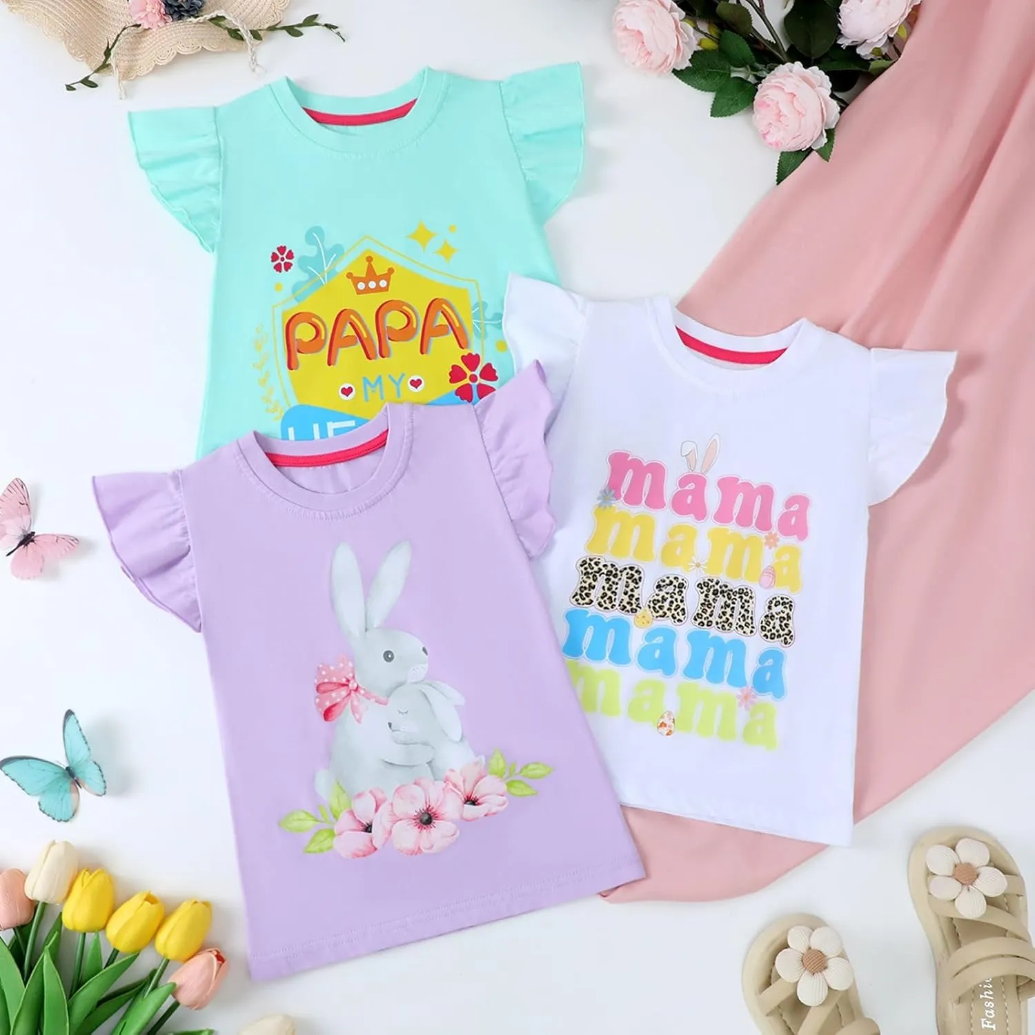 HILEELANG Girl Short Sleeve Tees Easter Graphic Cotton Summer T-Shirts 3Packs