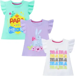 HILEELANG Girl Short Sleeve Tees Easter Graphic Cotton Summer T-Shirts 3Packs