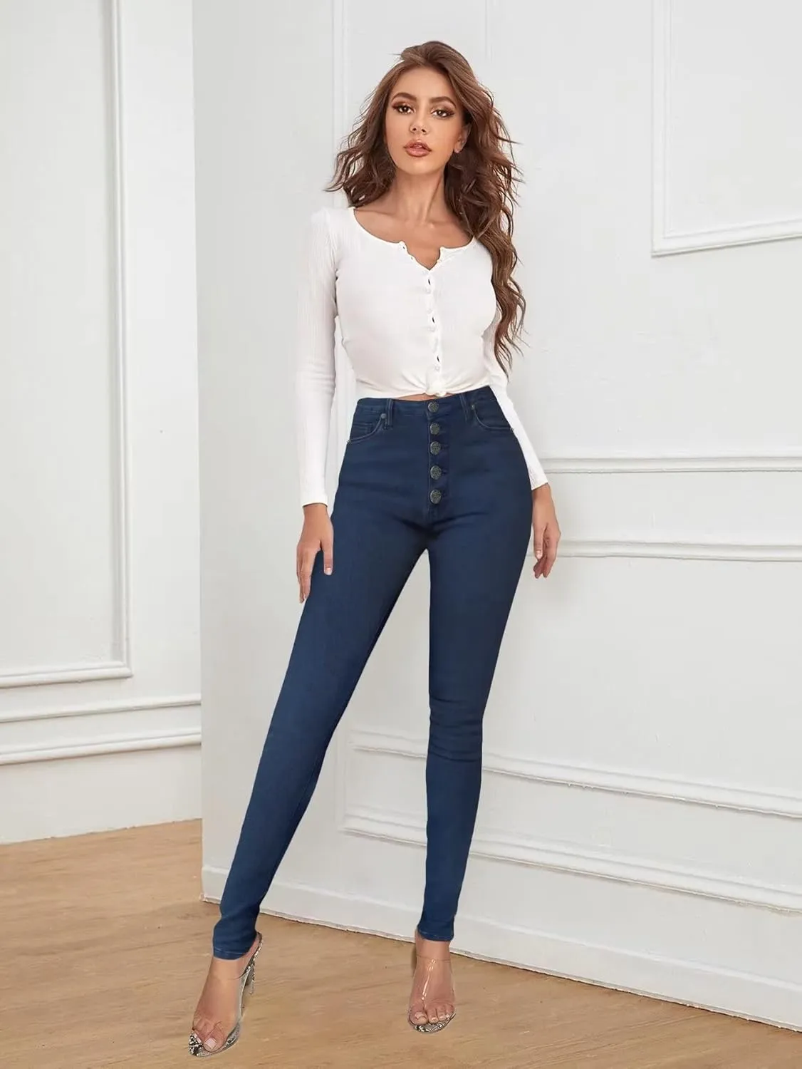 Hybrid & Company Womens Classic Denim Mid Rise Skinny Jeans Super Stretch Pants