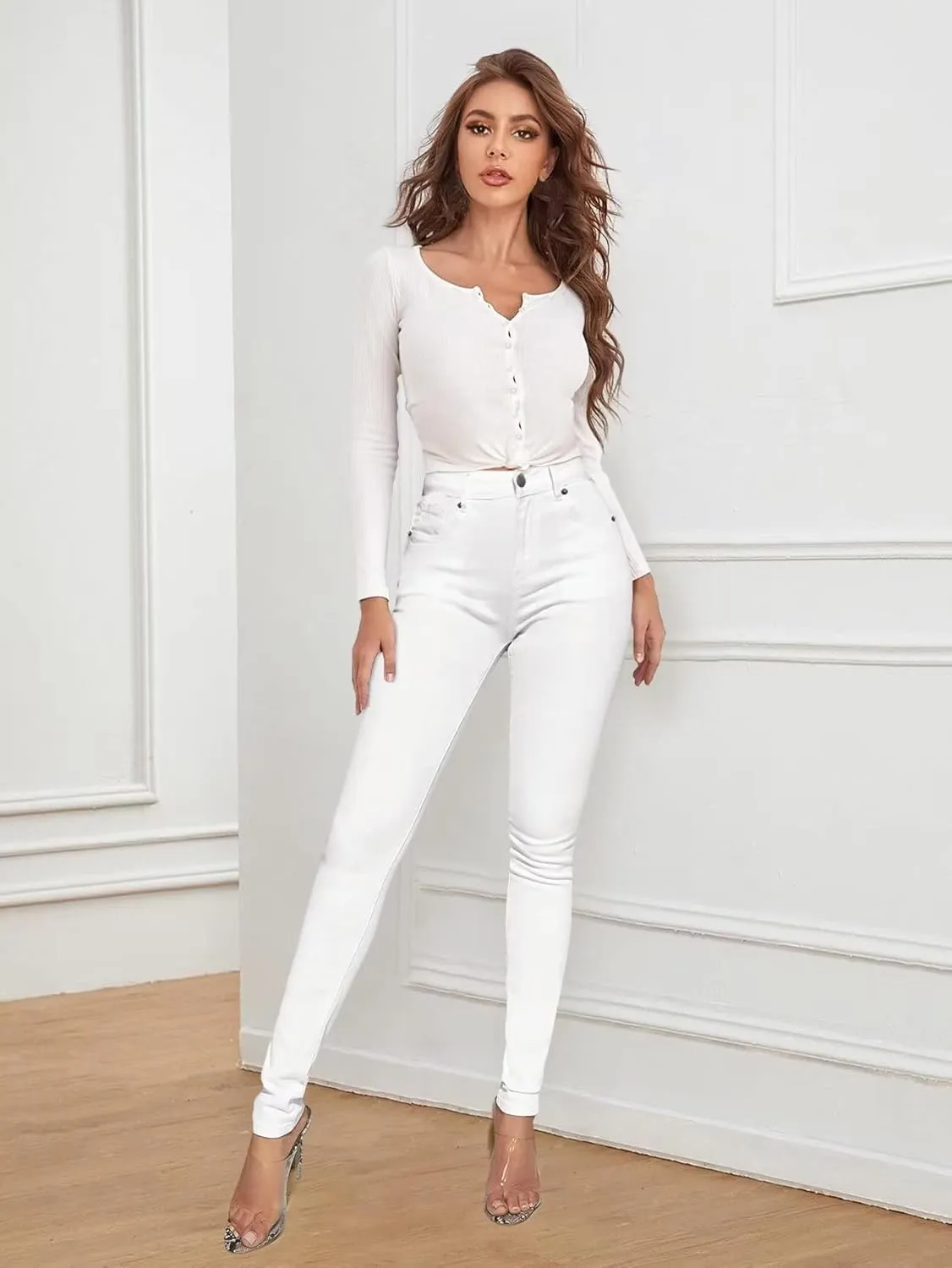 Hybrid & Company Womens Classic Denim Mid Rise Skinny Jeans Super Stretch Pants