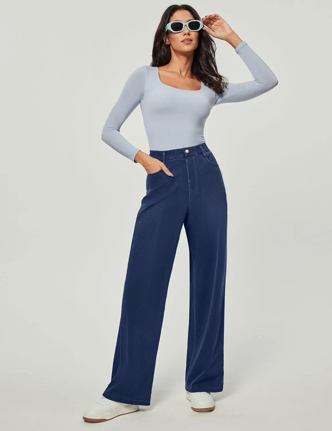 IUGA Wide Leg Jeans Woman Stretchy Pull On Baggy Jeans High Waisted Trendy Womens Jeans Straight Casual Denim Pants