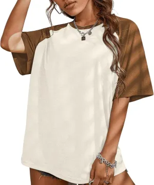 KIEKIECOO Oversized Short Sleeve Shirts for Women Loose Fit Basic Casual Crew Neck Tee Shirt Baggy Color Block Unisex Tops