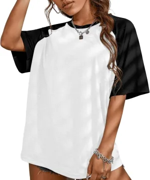 KIEKIECOO Oversized Short Sleeve Shirts for Women Loose Fit Basic Casual Crew Neck Tee Shirt Baggy Color Block Unisex Tops