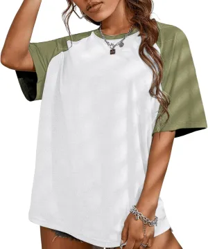 KIEKIECOO Oversized Short Sleeve Shirts for Women Loose Fit Basic Casual Crew Neck Tee Shirt Baggy Color Block Unisex Tops
