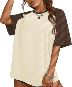 KIEKIECOO Oversized Short Sleeve Shirts for Women Loose Fit Basic Casual Crew Neck Tee Shirt Baggy Color Block Unisex Tops