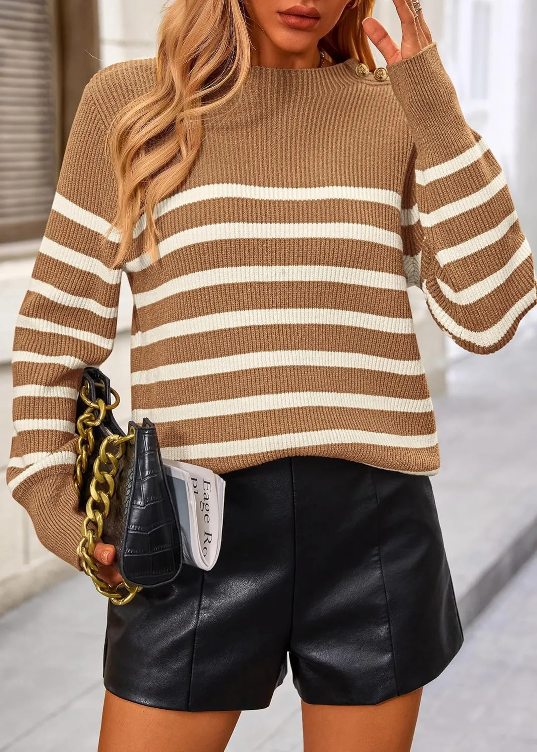 KIRUNDO Women's Striped Sweaters 2024 Fall Winter Outfits Crewneck Ribbed Knit Pullover Trendy Tops with Metal Buttons