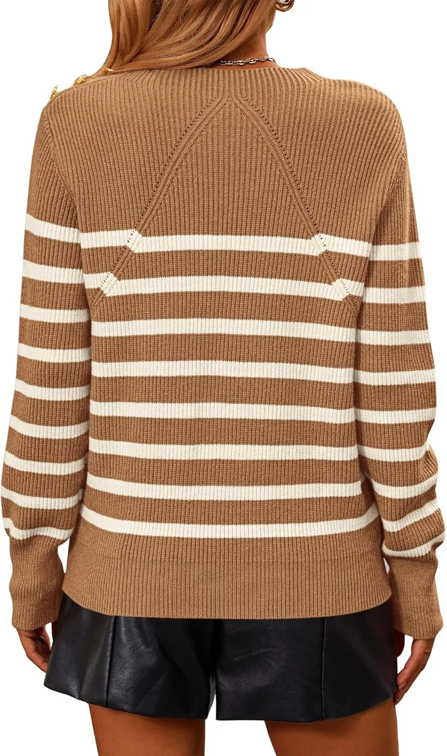 KIRUNDO Women's Striped Sweaters 2024 Fall Winter Outfits Crewneck Ribbed Knit Pullover Trendy Tops with Metal Buttons