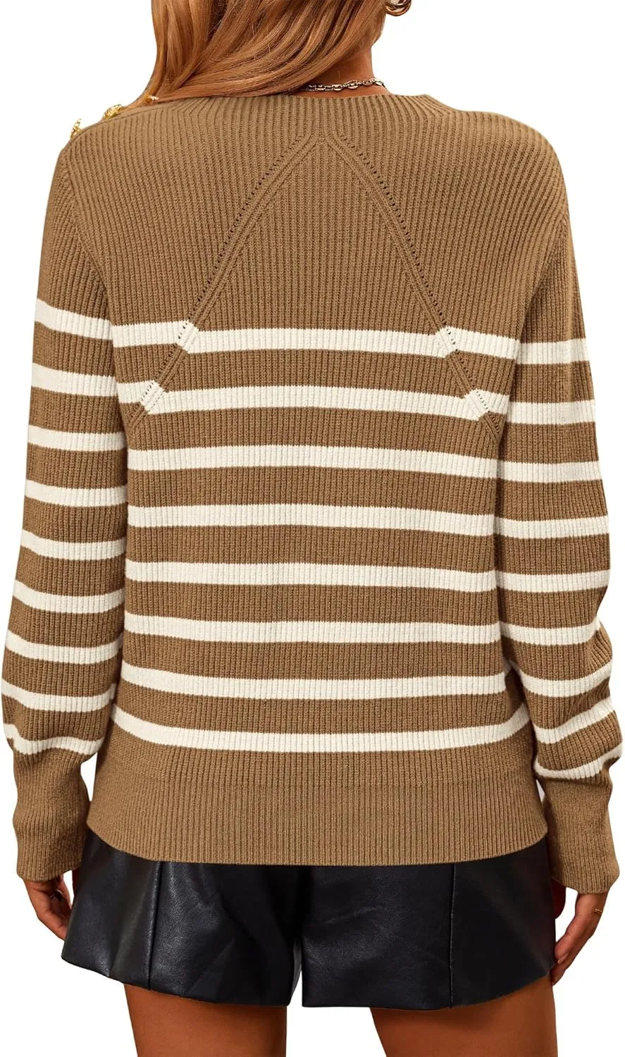 KIRUNDO Women's Striped Sweaters 2024 Fall Winter Outfits Crewneck Ribbed Knit Pullover Trendy Tops with Metal Buttons