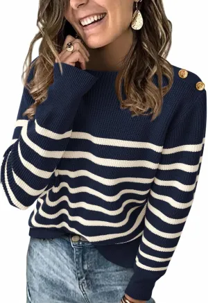 KIRUNDO Women's Striped Sweaters 2024 Fall Winter Outfits Crewneck Ribbed Knit Pullover Trendy Tops with Metal Buttons