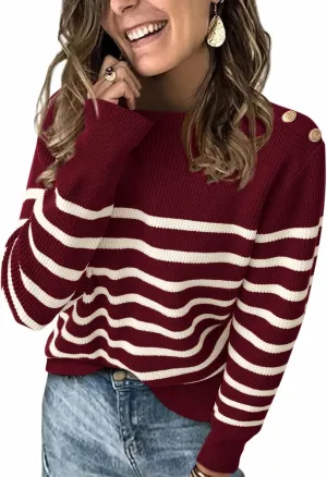 KIRUNDO Women's Striped Sweaters 2024 Fall Winter Outfits Crewneck Ribbed Knit Pullover Trendy Tops with Metal Buttons