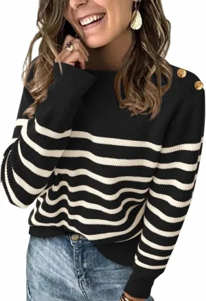 KIRUNDO Women's Striped Sweaters 2024 Fall Winter Outfits Crewneck Ribbed Knit Pullover Trendy Tops with Metal Buttons
