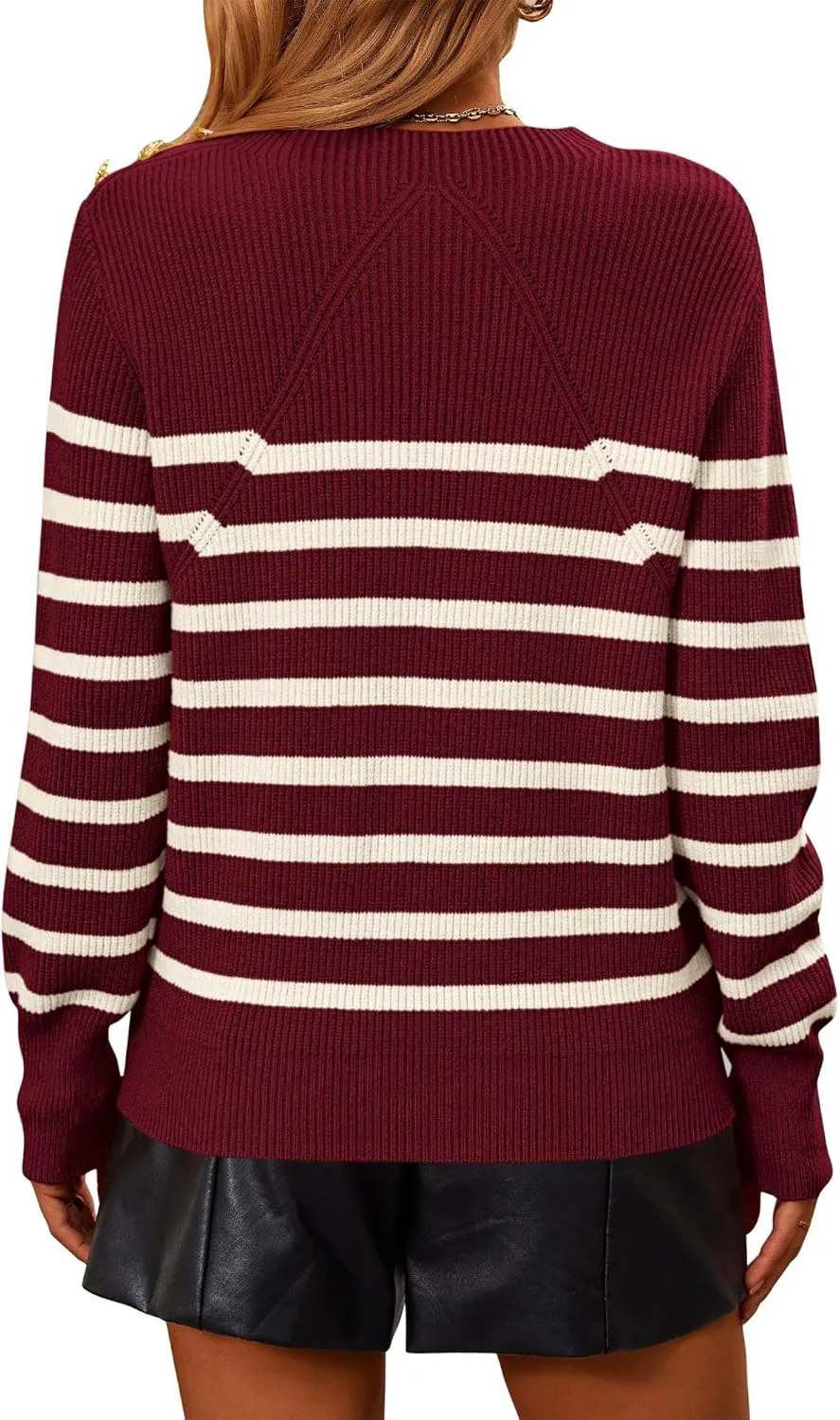 KIRUNDO Women's Striped Sweaters 2024 Fall Winter Outfits Crewneck Ribbed Knit Pullover Trendy Tops with Metal Buttons