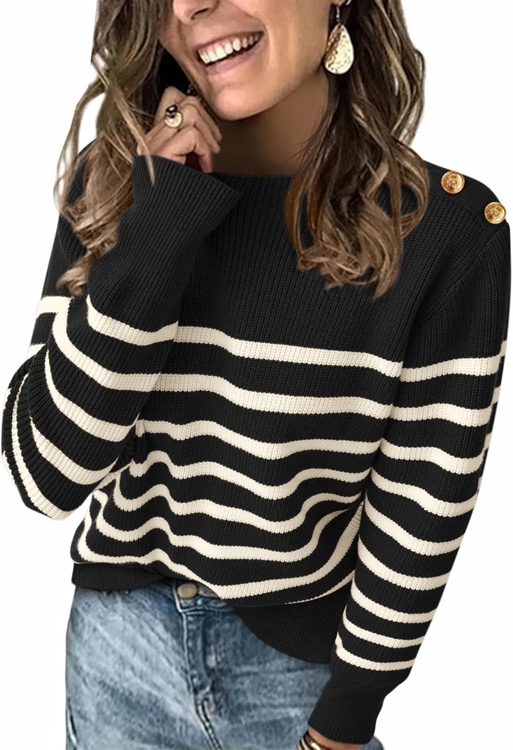 KIRUNDO Women's Striped Sweaters 2024 Fall Winter Outfits Crewneck Ribbed Knit Pullover Trendy Tops with Metal Buttons