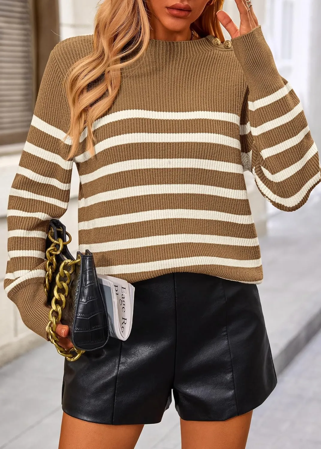 KIRUNDO Women's Striped Sweaters 2024 Fall Winter Outfits Crewneck Ribbed Knit Pullover Trendy Tops with Metal Buttons