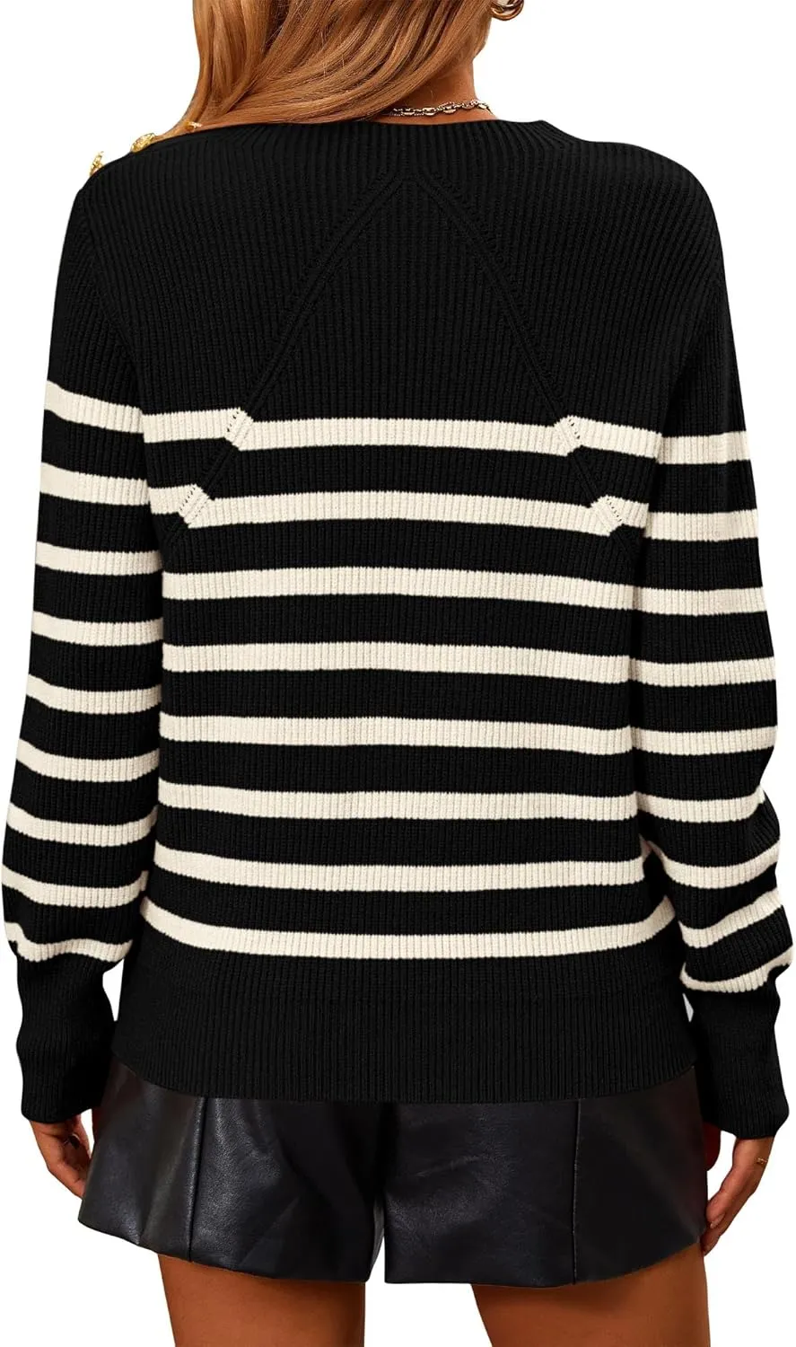 KIRUNDO Women's Striped Sweaters 2024 Fall Winter Outfits Crewneck Ribbed Knit Pullover Trendy Tops with Metal Buttons