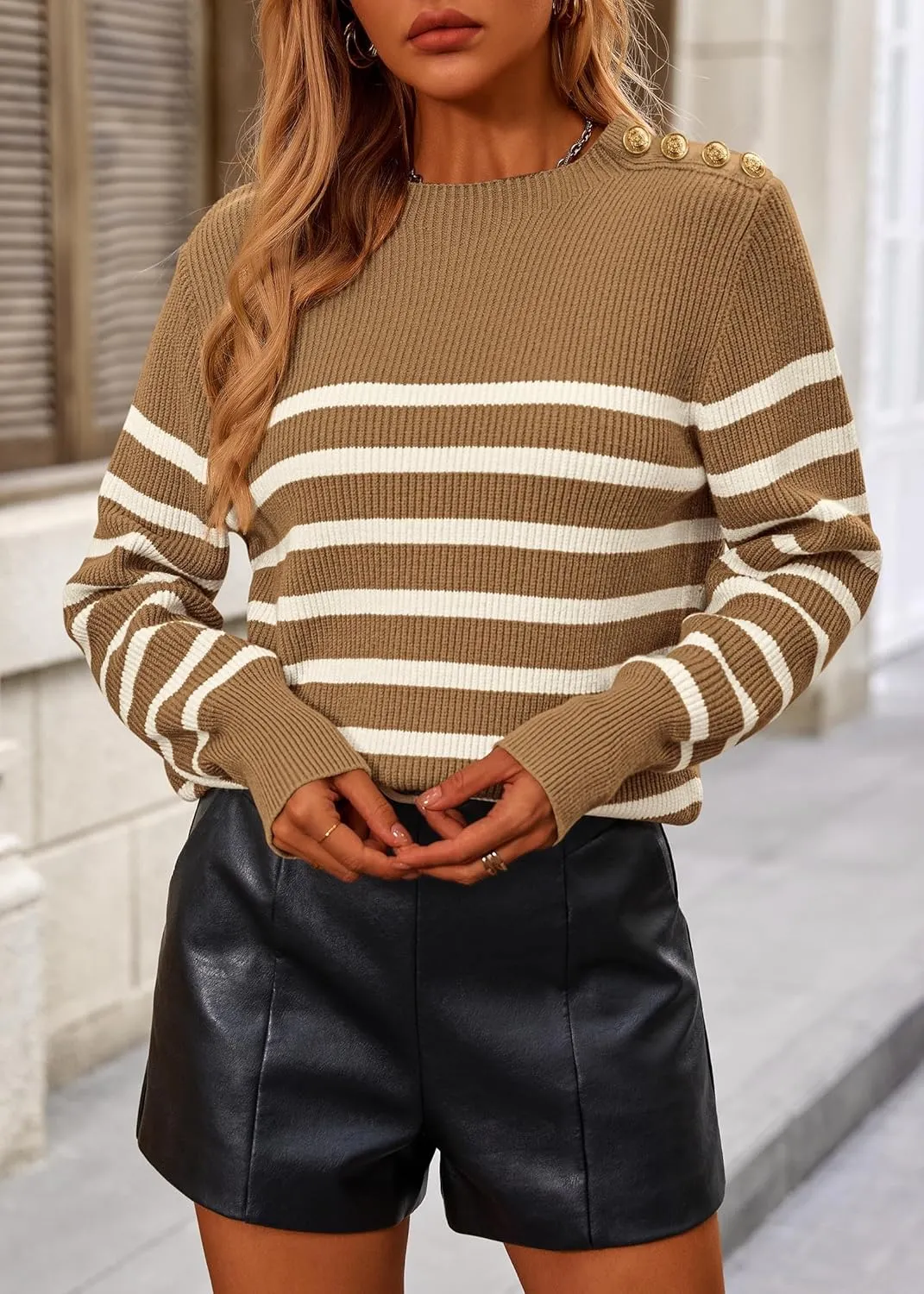 KIRUNDO Women's Striped Sweaters 2024 Fall Winter Outfits Crewneck Ribbed Knit Pullover Trendy Tops with Metal Buttons