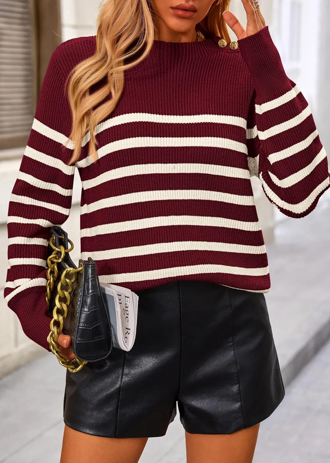 KIRUNDO Women's Striped Sweaters 2024 Fall Winter Outfits Crewneck Ribbed Knit Pullover Trendy Tops with Metal Buttons