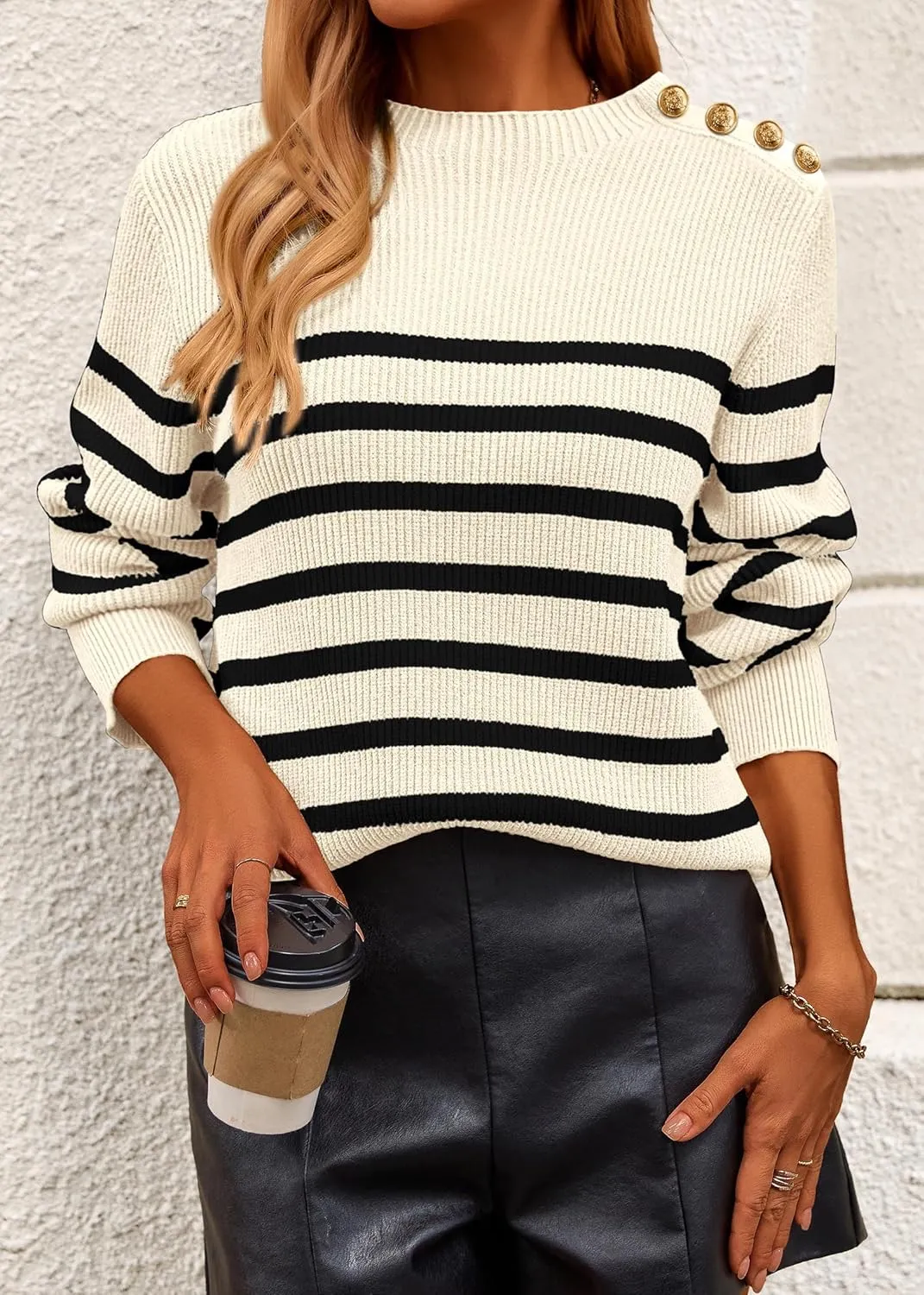 KIRUNDO Women's Striped Sweaters 2024 Fall Winter Outfits Crewneck Ribbed Knit Pullover Trendy Tops with Metal Buttons