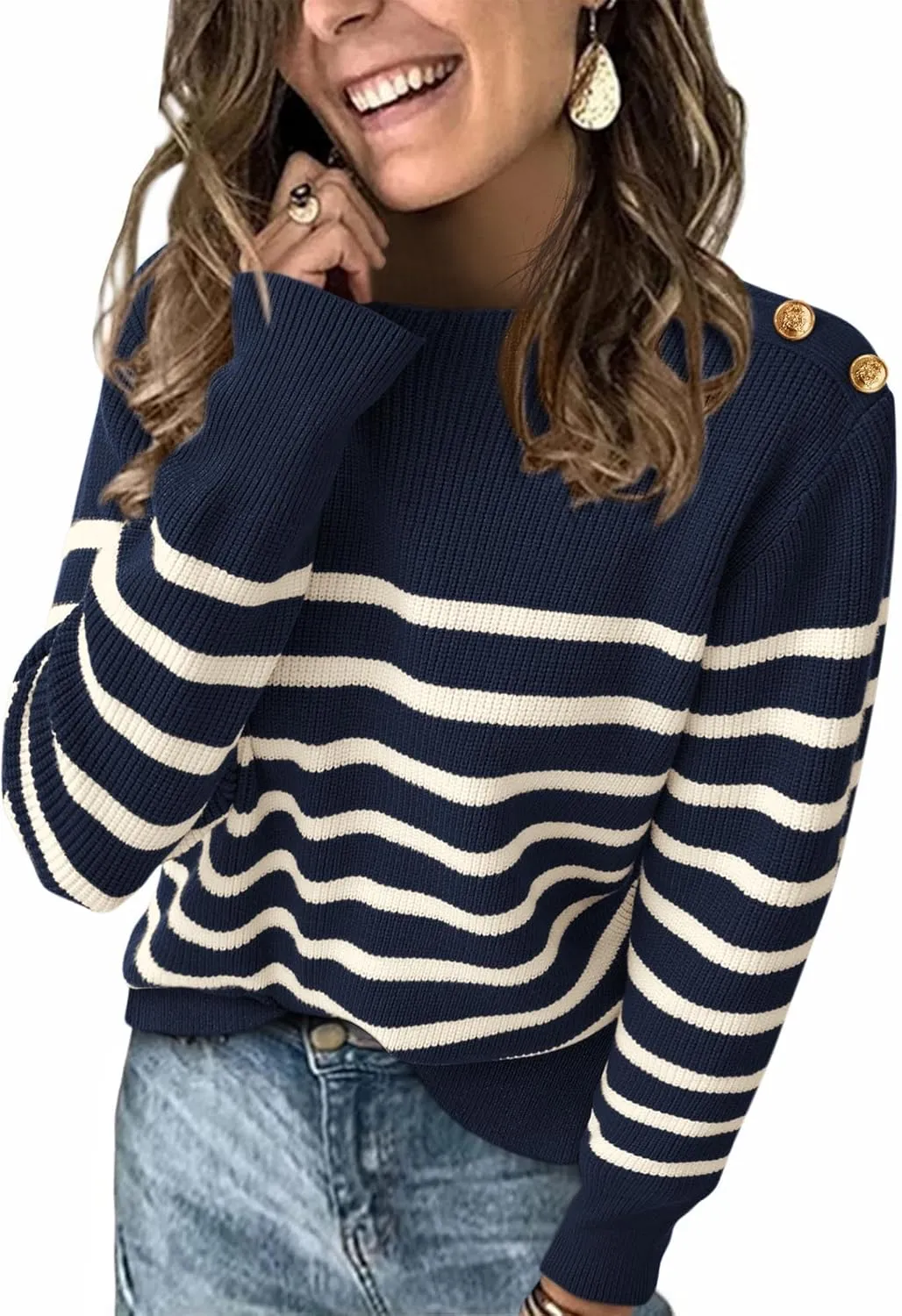 KIRUNDO Women's Striped Sweaters 2024 Fall Winter Outfits Crewneck Ribbed Knit Pullover Trendy Tops with Metal Buttons