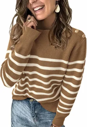 KIRUNDO Women's Striped Sweaters 2024 Fall Winter Outfits Crewneck Ribbed Knit Pullover Trendy Tops with Metal Buttons