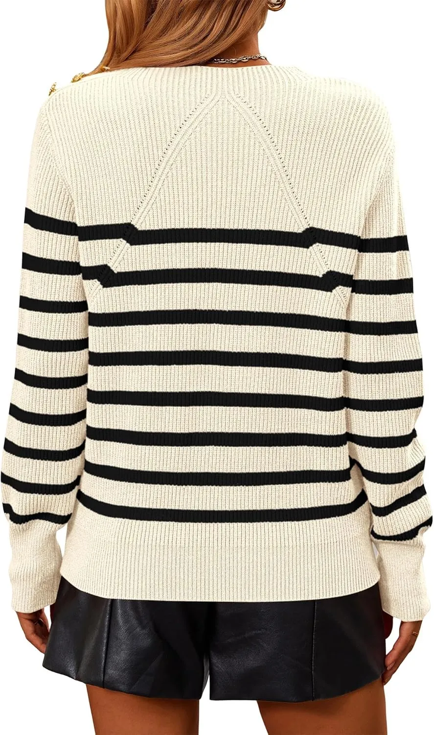 KIRUNDO Women's Striped Sweaters 2024 Fall Winter Outfits Crewneck Ribbed Knit Pullover Trendy Tops with Metal Buttons
