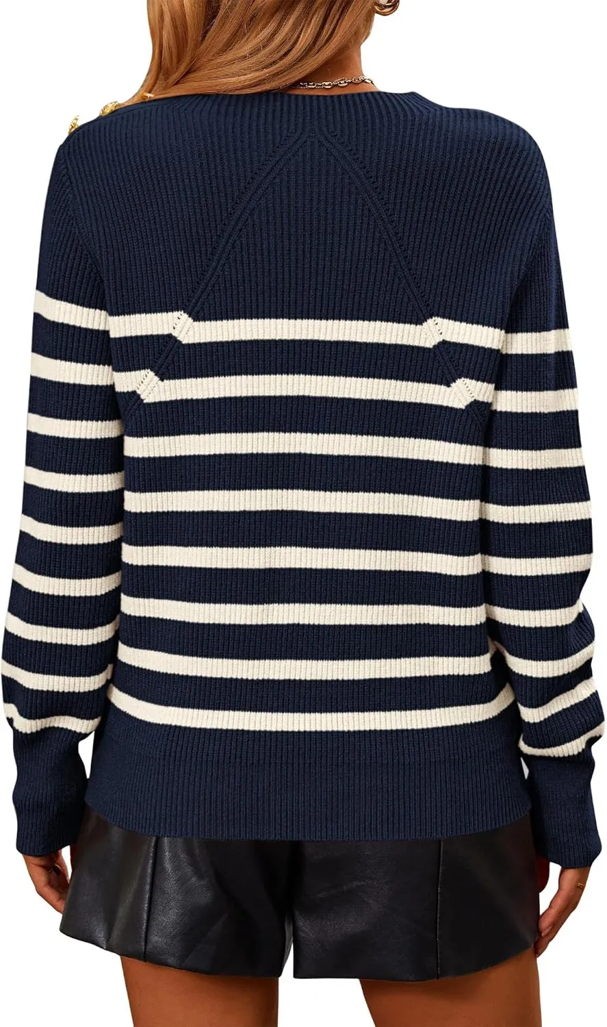 KIRUNDO Women's Striped Sweaters 2024 Fall Winter Outfits Crewneck Ribbed Knit Pullover Trendy Tops with Metal Buttons