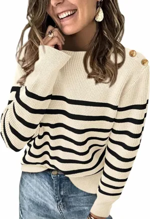 KIRUNDO Women's Striped Sweaters 2024 Fall Winter Outfits Crewneck Ribbed Knit Pullover Trendy Tops with Metal Buttons