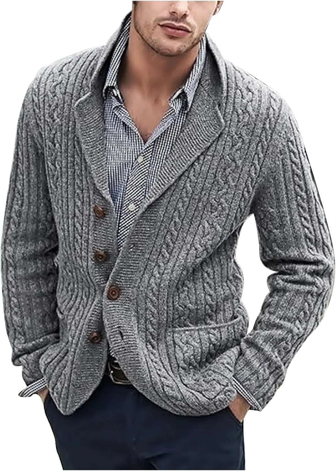 Knit Cardigan Men Shawl Collar Cardigan Sweater Casual Button Down Sweaters Winter Knit Sweater with Pockets