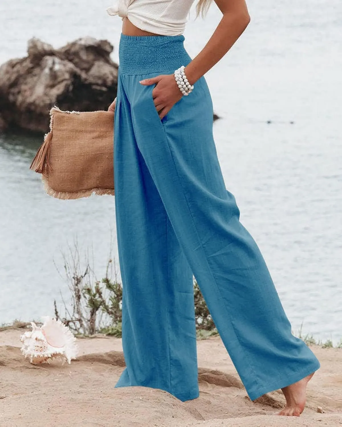 Kubbon Womens Wide Leg Pants Tummy Control High Waisted Linen Pants Casual Baggy Sweatpants Palazzo Trousers with Pockets