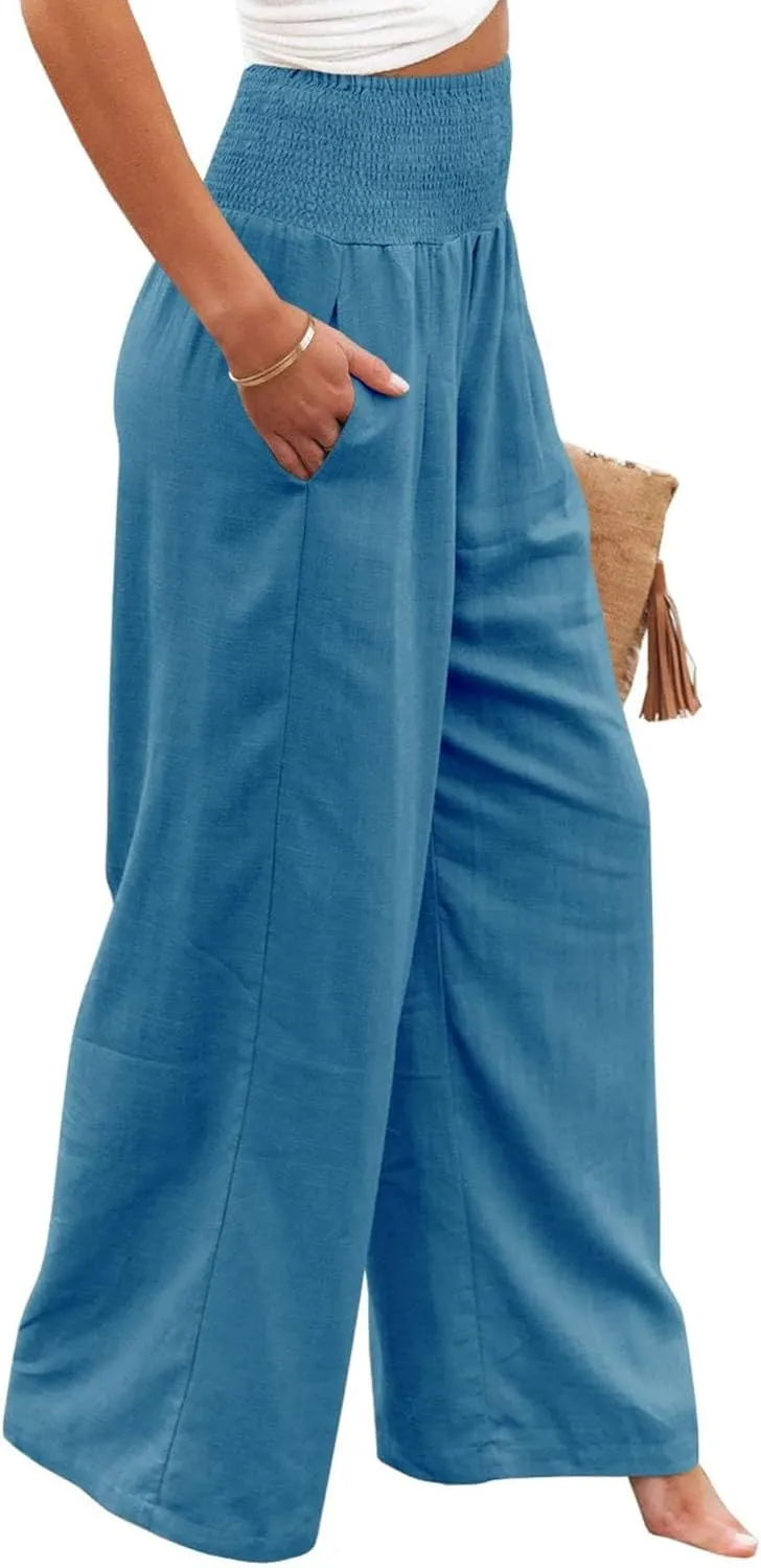 Kubbon Womens Wide Leg Pants Tummy Control High Waisted Linen Pants Casual Baggy Sweatpants Palazzo Trousers with Pockets