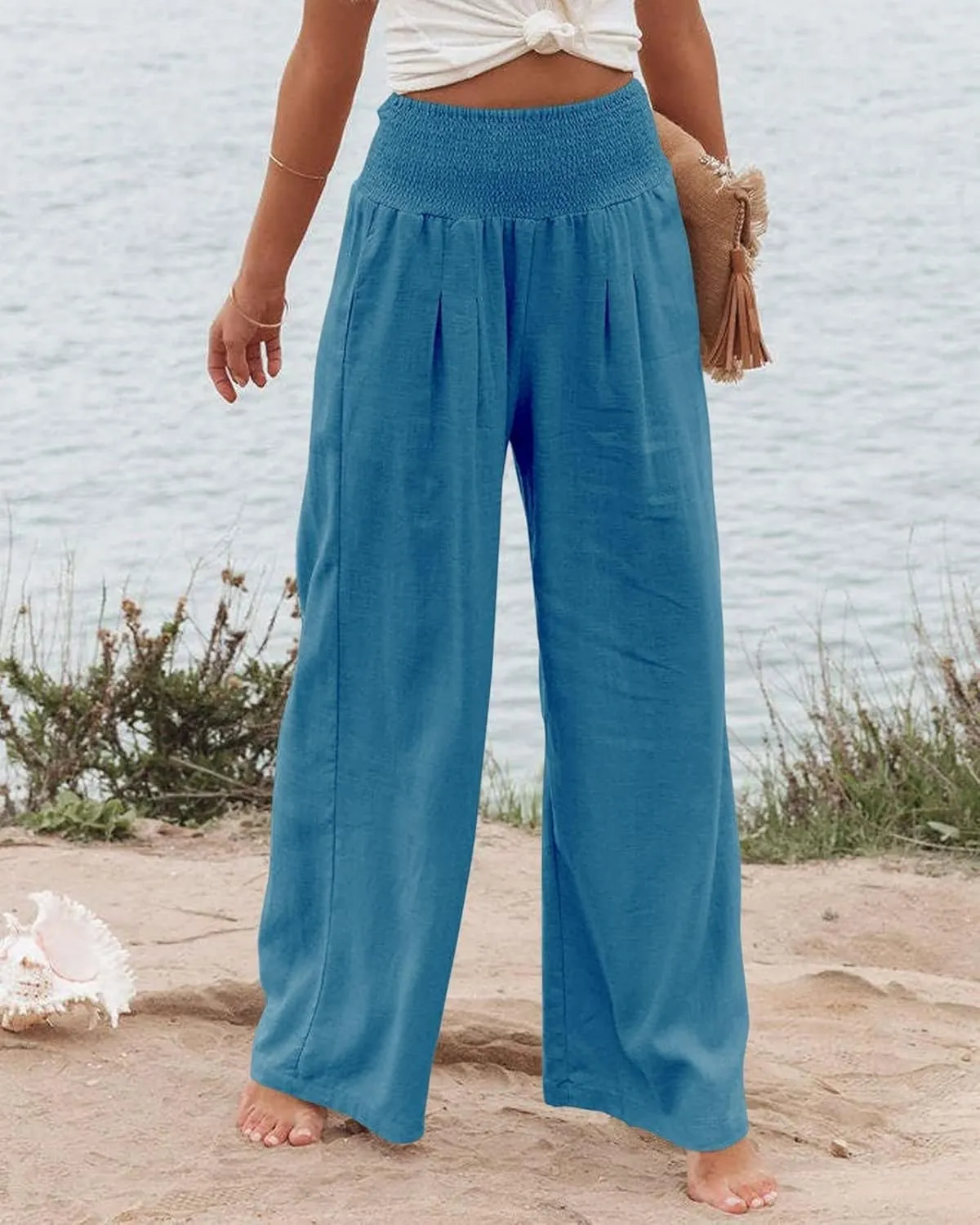 Kubbon Womens Wide Leg Pants Tummy Control High Waisted Linen Pants Casual Baggy Sweatpants Palazzo Trousers with Pockets