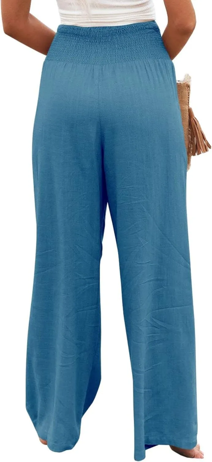 Kubbon Womens Wide Leg Pants Tummy Control High Waisted Linen Pants Casual Baggy Sweatpants Palazzo Trousers with Pockets