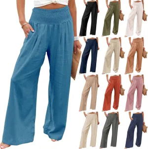 Kubbon Womens Wide Leg Pants Tummy Control High Waisted Linen Pants Casual Baggy Sweatpants Palazzo Trousers with Pockets