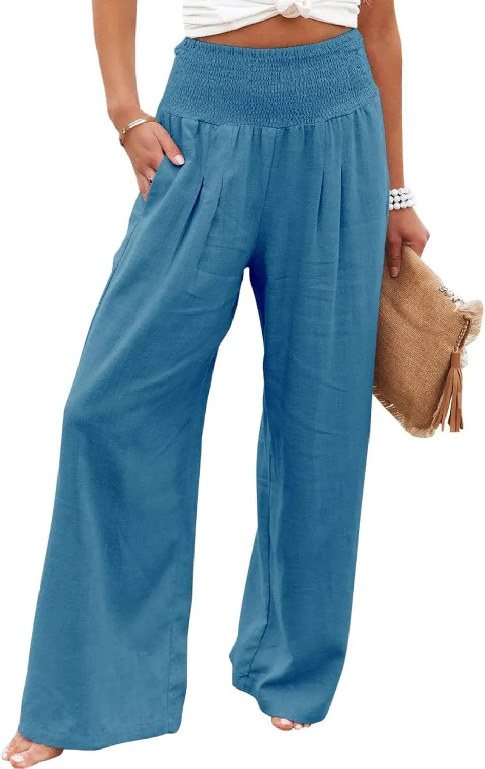 Kubbon Womens Wide Leg Pants Tummy Control High Waisted Linen Pants Casual Baggy Sweatpants Palazzo Trousers with Pockets