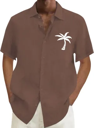 Linen Button Down Shirts Mens Summer Palm Print Short Sleeve Tropical Beach Tops Lightweight Quick Dry Hawaiian Shirt