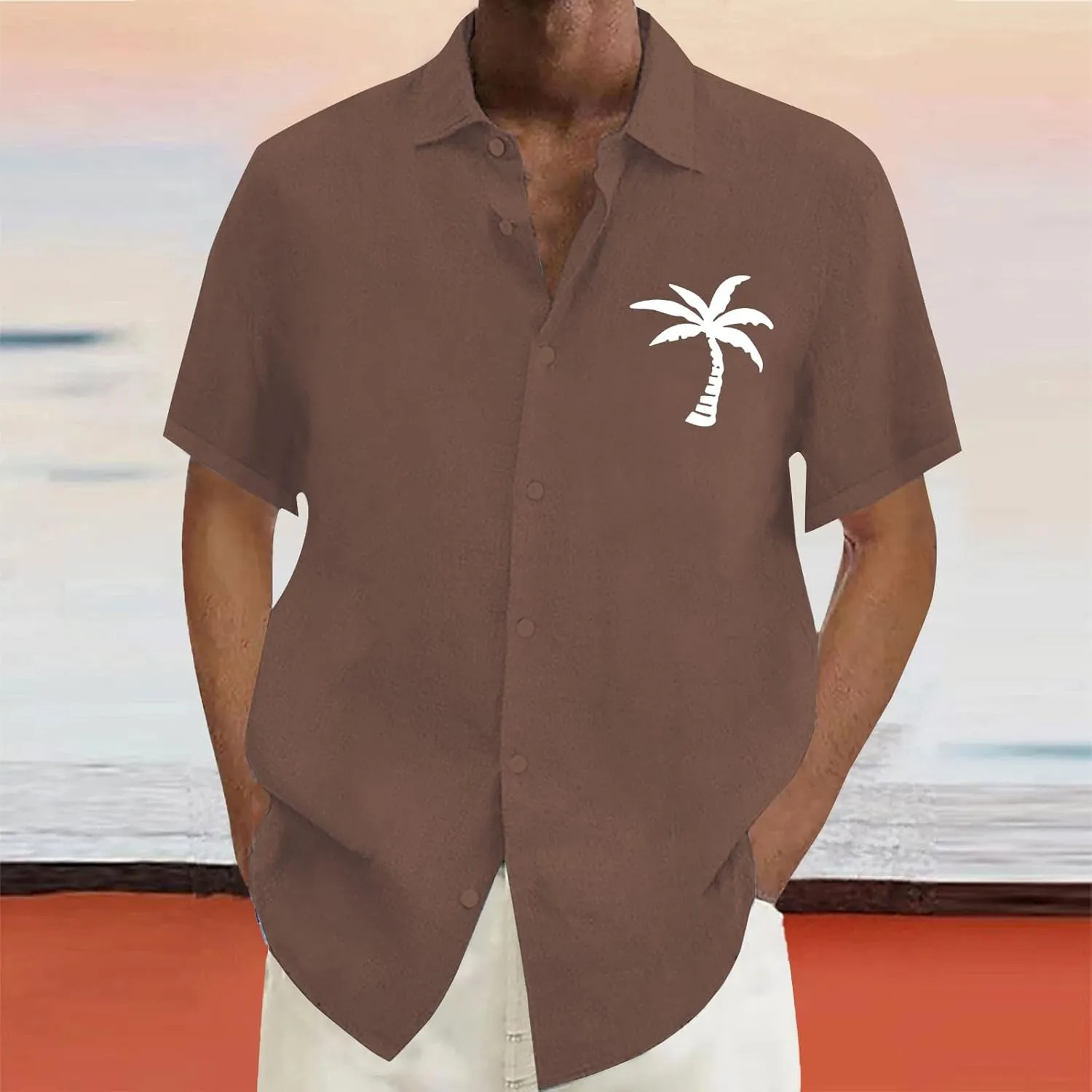 Linen Button Down Shirts Mens Summer Palm Print Short Sleeve Tropical Beach Tops Lightweight Quick Dry Hawaiian Shirt