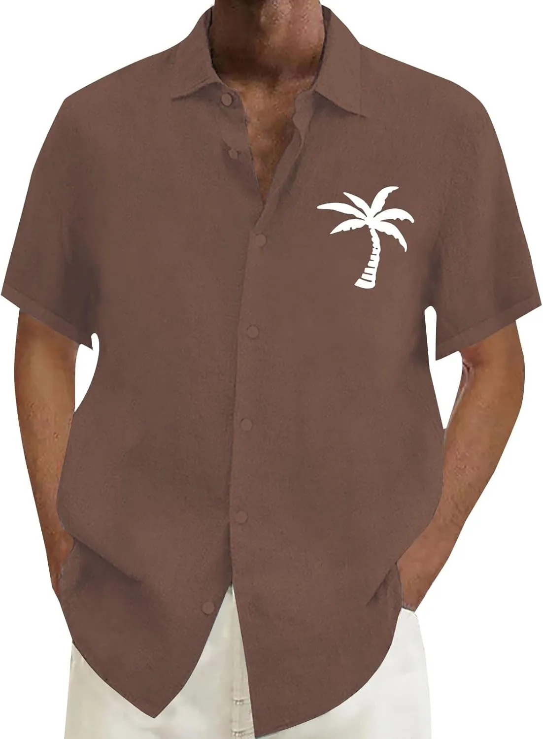 Linen Button Down Shirts Mens Summer Palm Print Short Sleeve Tropical Beach Tops Lightweight Quick Dry Hawaiian Shirt