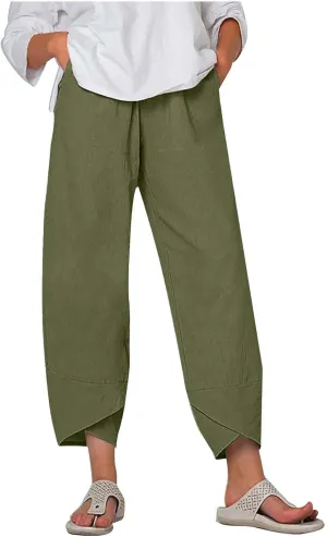 Linen Pants Women Summer Plus Size 2024 Capri Pants Loose Plain Cropped Trousers Stretchy Elastic Waist Lounge Pants