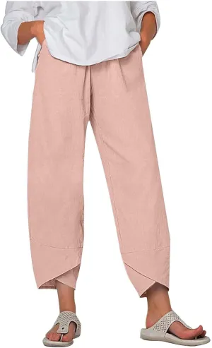 Linen Pants Women Summer Plus Size 2024 Capri Pants Loose Plain Cropped Trousers Stretchy Elastic Waist Lounge Pants