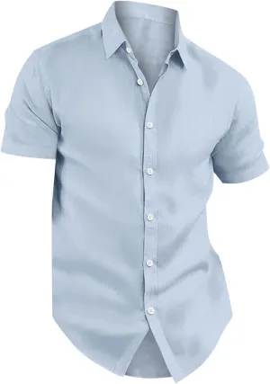 Linen Shirts for Men Short Sleeve Vintage Short Sleeve Button Down Cuban Guayabera Shirt Solid Casual Beach Tee Tops
