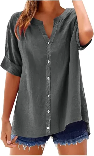 Linen Shirts for Women 2025 Summer Button Down Shirts Short Sleeve Collared V Neck Casual Blouses Work Office Tshirts