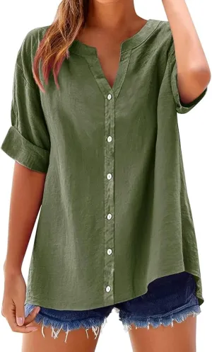 Linen Shirts for Women 2025 Summer Button Down Shirts Short Sleeve Collared V Neck Casual Blouses Work Office Tshirts