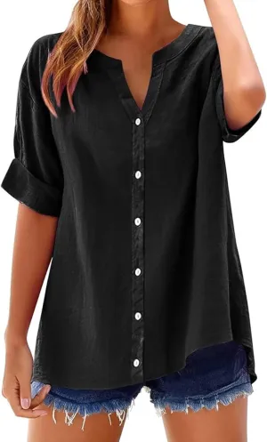 Linen Shirts for Women 2025 Summer Button Down Shirts Short Sleeve Collared V Neck Casual Blouses Work Office Tshirts