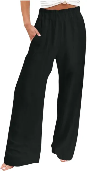 Long Yoga Pants for Women Casual Wide Leg Palazzo Cotton Linen High Waisted Long Pants Smocked Lounge Trousers