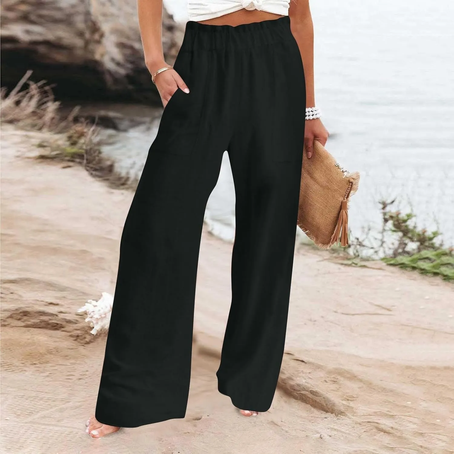 Long Yoga Pants for Women Casual Wide Leg Palazzo Cotton Linen High Waisted Long Pants Smocked Lounge Trousers
