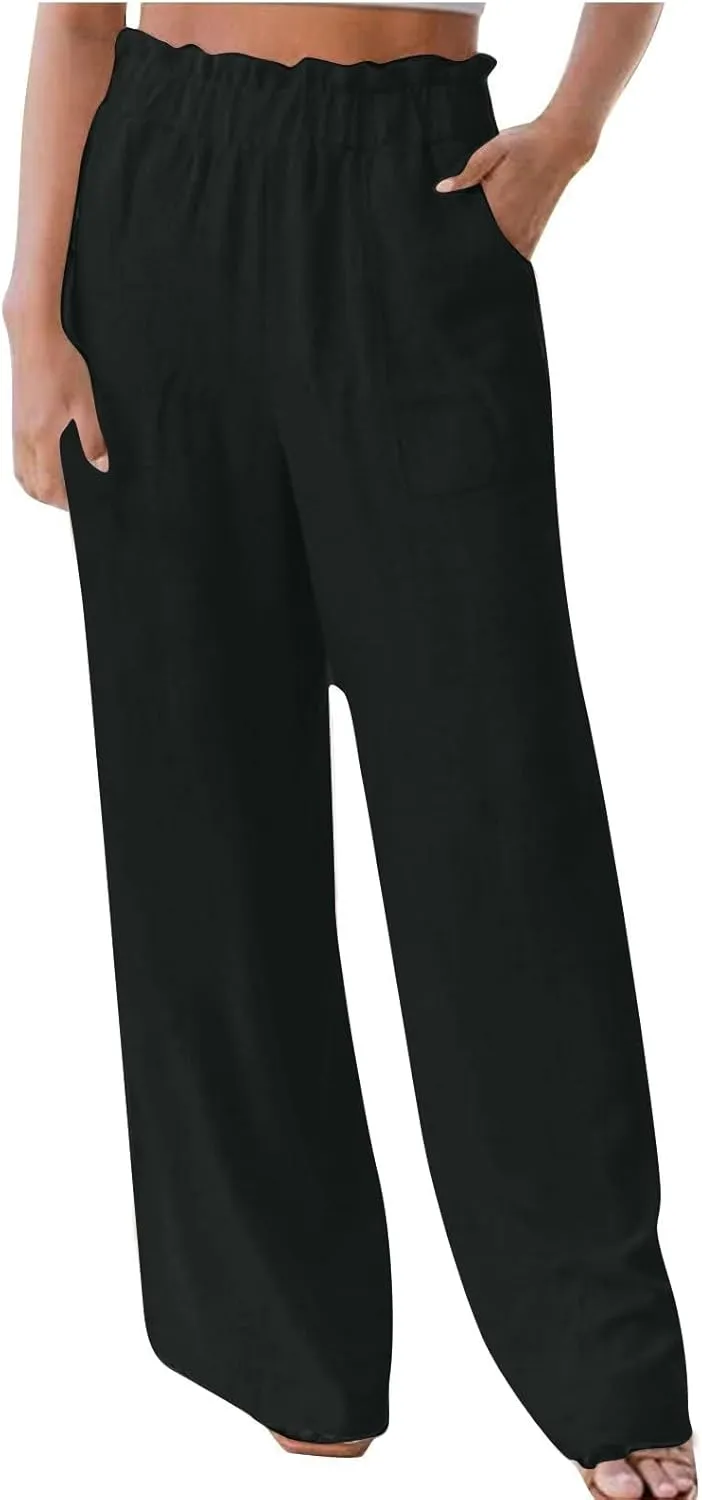 Long Yoga Pants for Women Casual Wide Leg Palazzo Cotton Linen High Waisted Long Pants Smocked Lounge Trousers