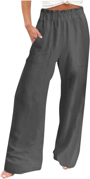 Long Yoga Pants for Women Casual Wide Leg Palazzo Cotton Linen High Waisted Long Pants Smocked Lounge Trousers