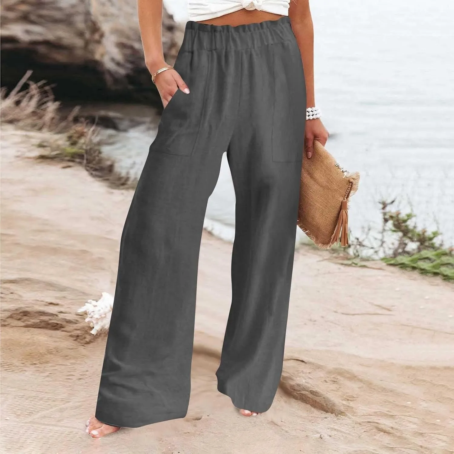 Long Yoga Pants for Women Casual Wide Leg Palazzo Cotton Linen High Waisted Long Pants Smocked Lounge Trousers