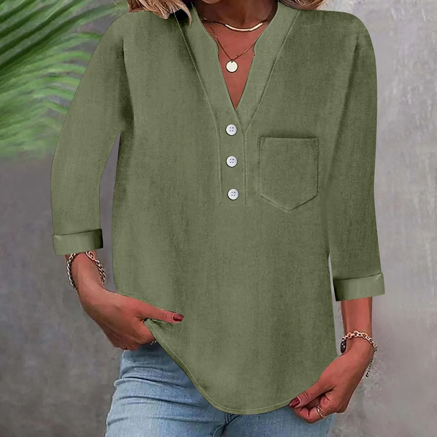 Loose Button Shirt V Neck for Woman Cotton Linen Soft Comfortable Top Solid Color Sleeve Collar Casual Shirt
